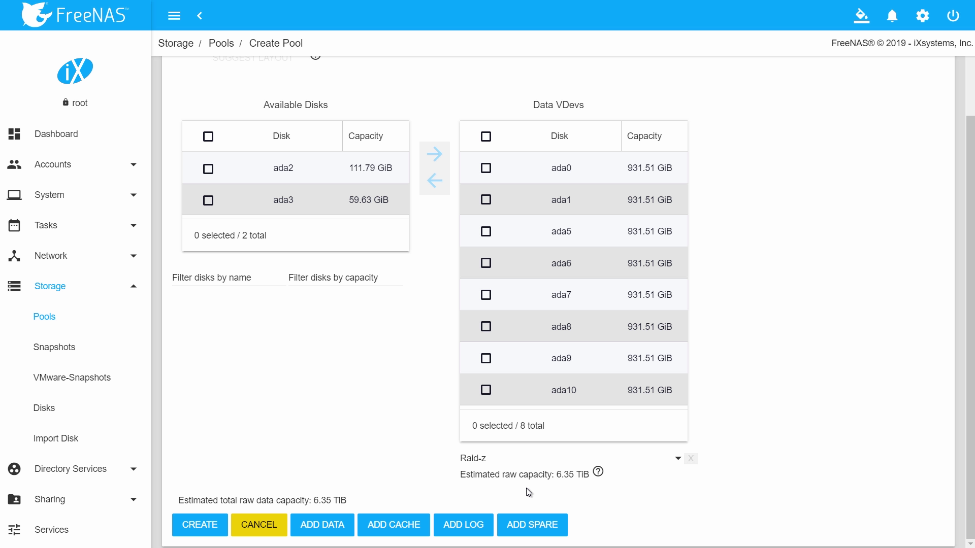 Raid-Z vdev layout options window