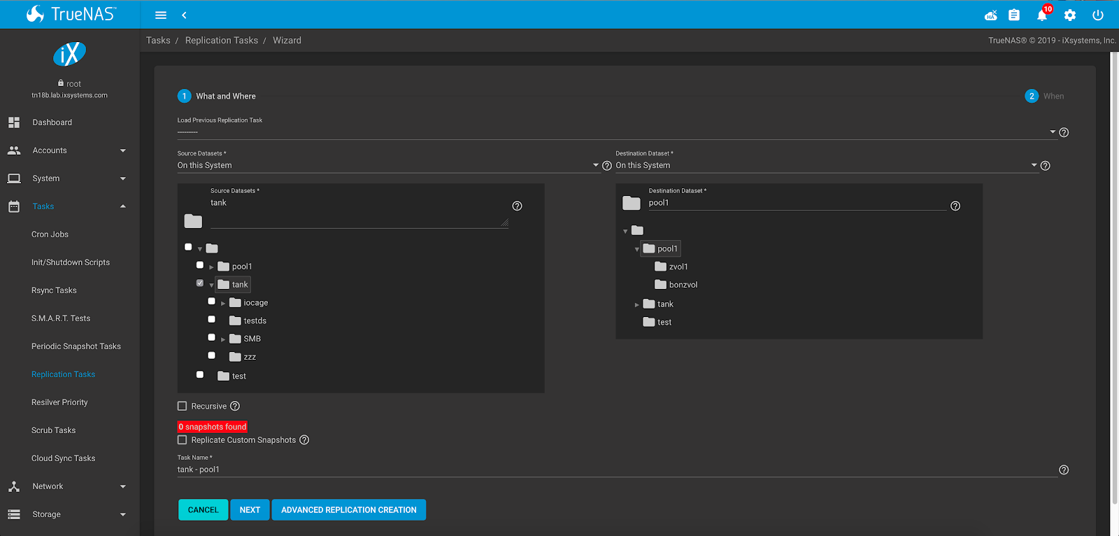 TrueNAS task wizard