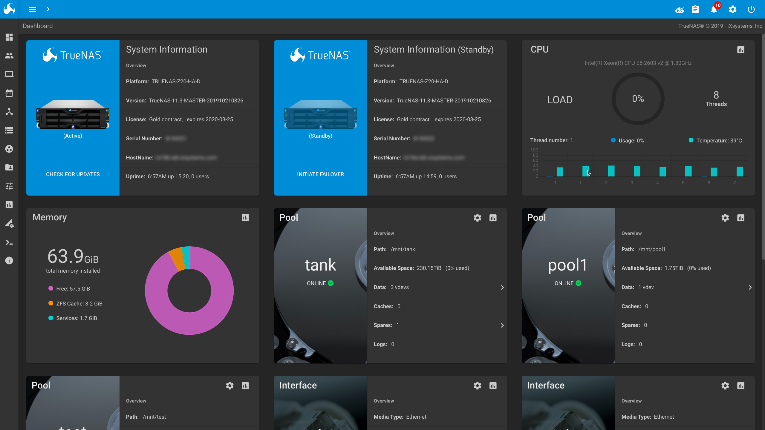 TrueNAS dashboard