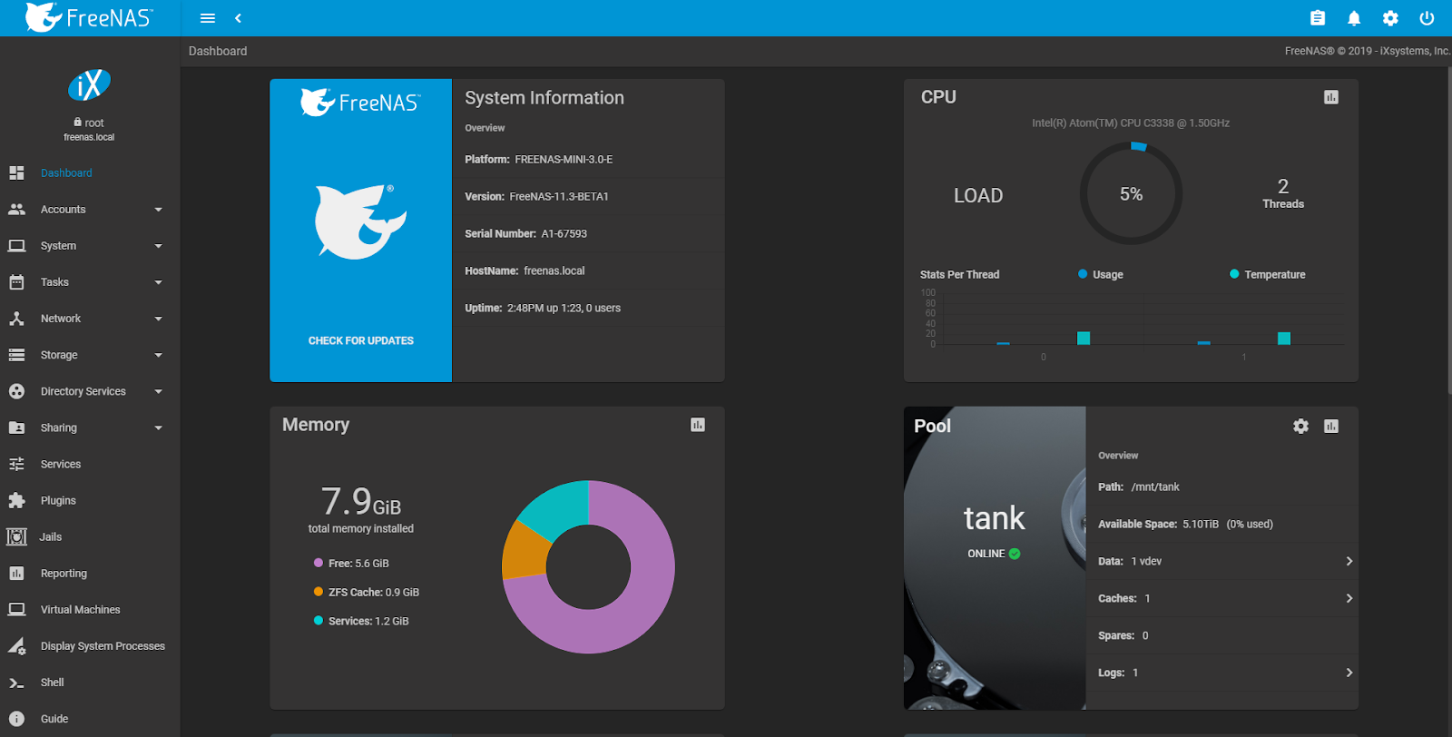 FREENAS system dashboard