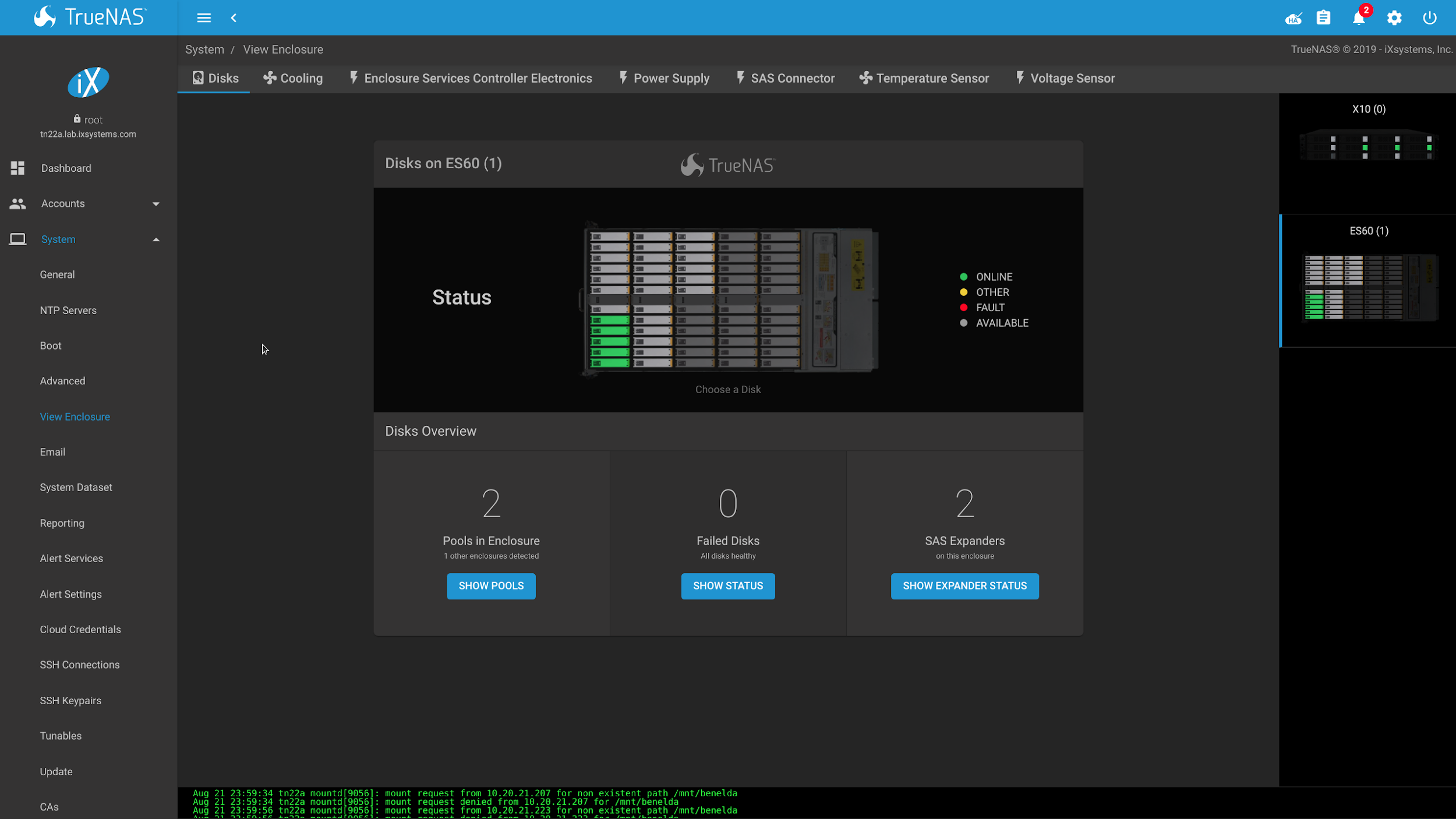 TrueNAS enclosure management dashboard