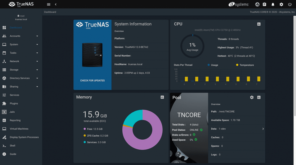 TrueNAS CORE Dashboard