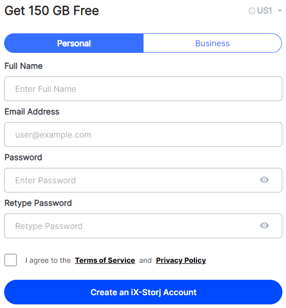 iX-Storj account Form