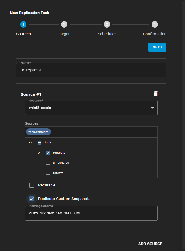 New Replication Task Sources Screen Populated