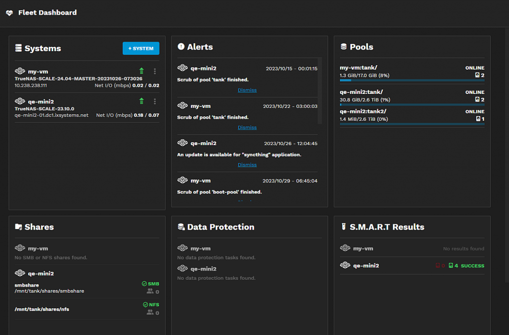 Quickly assess system health and disk usage across your TrueNAS environment using the enhanced Fleet Dashboard.