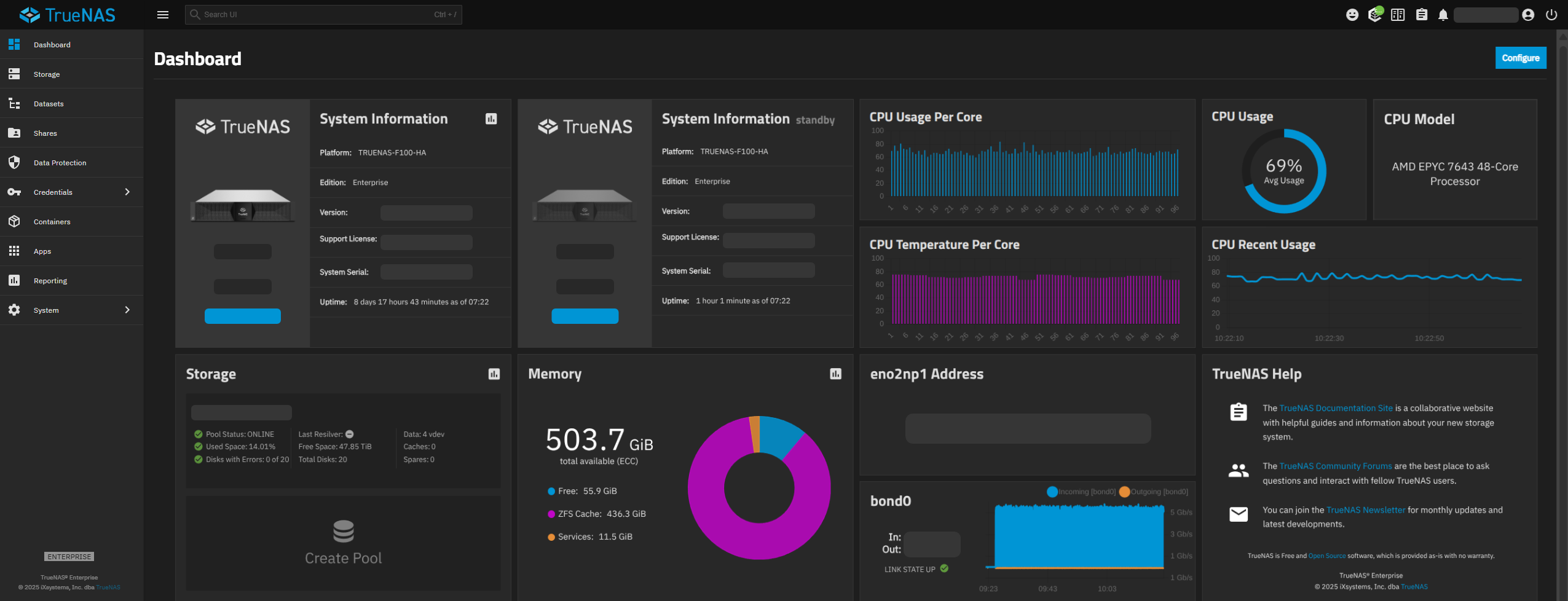 TrueNAS dashboard view