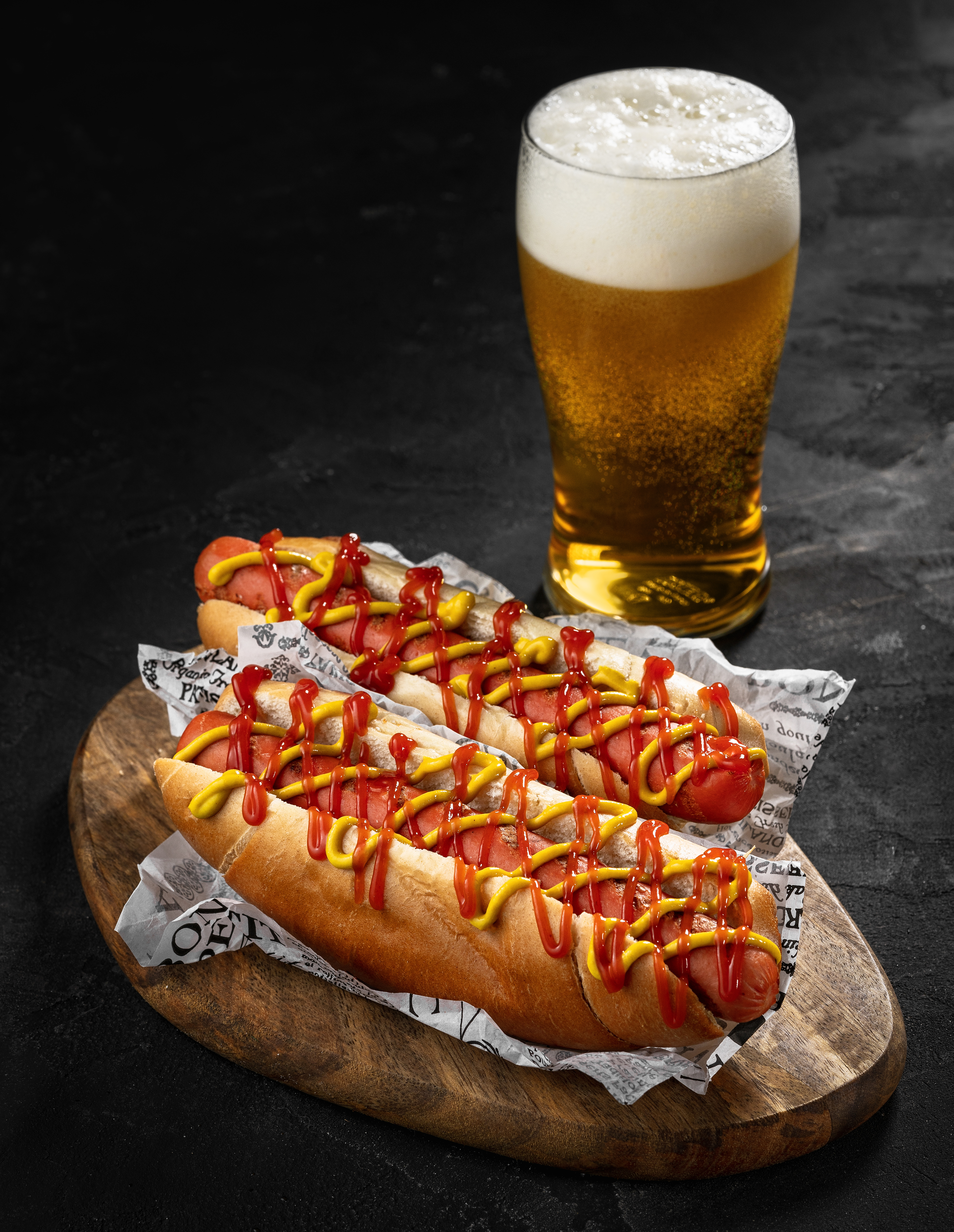 Chicago-style hot dogs and a beer